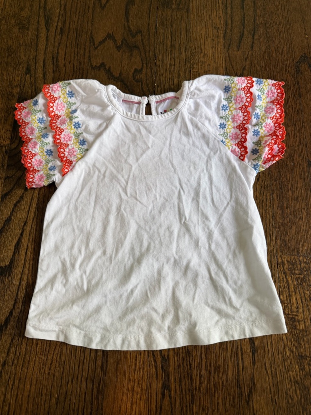 Mini Boden White Tee with Multicolor Embroidered Ruffle Sleeves